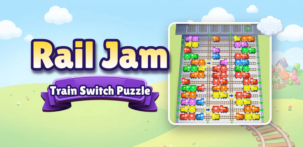 Rail Jam: Train Switch Puzzle logo next to a board packed with colorful toy trains on crossing rails.
